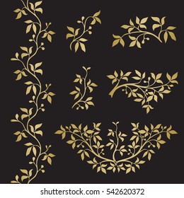 Graphic flower silhouettes and border in gold color on black background