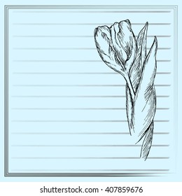 Graphic flower, sketch of tulip on blue background. Vector floral illustration in vintage style. Hand drawn artwork. Template for wedding invitation, card, congratulation, greeting. Place for text. 