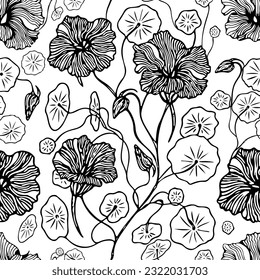 Graphic flower, stylized nasturtium. Seamless pattern. Floral branch with flowers, buds and leaves. Black outlines isolated on the white background. Vector image.  Flower constructor.