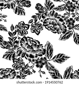 Graphic flowers for design. Ornament from flowers rose and leaves on awhite background. Floral seamless pattern. Vector monochrome illustration.