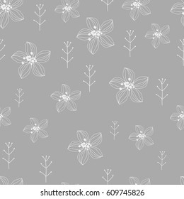 Graphic flowers and herbals seamless pattern. Hand drawn vector floral background. Wrapping paper.