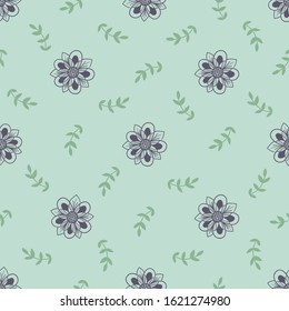 Graphic flowers and leaves seamless pattern. Vector background design.