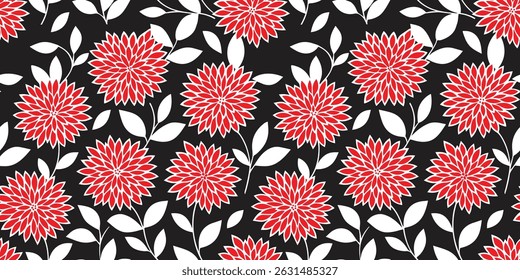 Graphic flowers, modern patterns on dark backgrounds, seamless patterns for decorating fashion designs, fabrics, wallpapers and all types of prints.