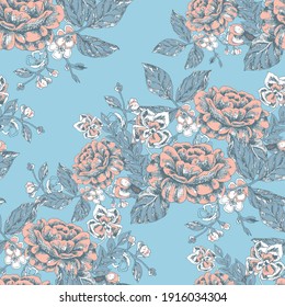 Graphic flowers for printed and design. Seamless pattern on blue background. Vector illustration for decor.