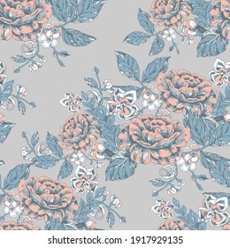 Graphic flowers for printed and design.Monochrome ornaments. Seamless pattern on gray background for decor. Vector illustration.