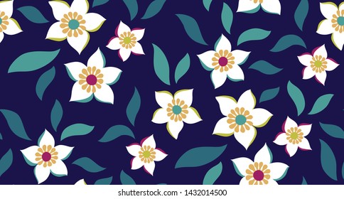 Graphic Flowers Repeat Vector Print on Navy Ground