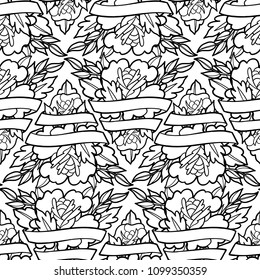 Graphic flowers in the shape of triangle decorated with ribbon. Vector seamless pattern. Coloring book page for adults and kids