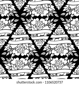 Graphic flowers in the shape of triangle decorated with ribbon. Vector seamless pattern. Coloring book page for adults and kids