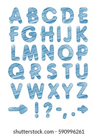 Graphic font. Handmade sans-serif font, thin lines. Hand drawn calligraphy lettering alphabet. Vector illustration. Letters on a white background. Doodle comic font for your design. Monochrome. Blue