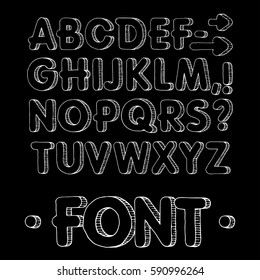 Graphic font. Handmade sans-serif font, thin lines. Hand drawn calligraphy lettering alphabet. Vector illustration. Letters on a black background. Doodle comic font for your design. Monochrome.