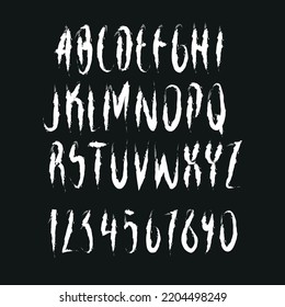 Graphic Font for your design. Handgezeichnetes kalligrafisches Schriftzeichen-Alphabet. Stilvolle Buchstaben mit Zahlen. Vektorgrafik.