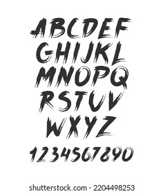 Graphic Font for your design. Handgezeichnetes kalligrafisches Schriftzeichen-Alphabet. Stilvolle Buchstaben mit Zahlen. Vektorgrafik.