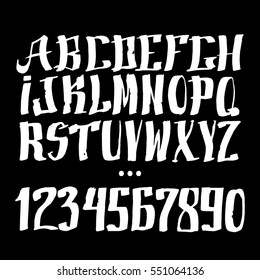 Graphic Font for your design. Hand drawn calligraphy lettering alphabet. Stylish letters with in figures. Vector illustration.