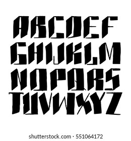 Graphic Font for your design. Hand drawn calligraphy lettering alphabet. Stylish letters with in figures. Vector illustration.