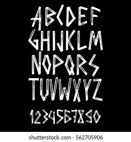 Graphic Font for your design. Hand drawn calligraphy lettering alphabet. Stylish letters with in figures. Vector illustration.