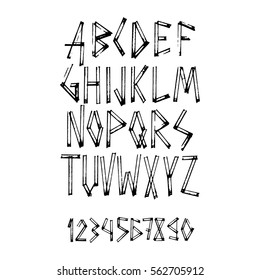 Graphic Font for your design. Hand drawn calligraphy lettering alphabet. Stylish letters with in figures. Vector illustration.