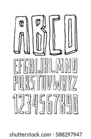 Graphic Font for your design. Hand drawn calligraphy lettering alphabet. Stylish letters with in figures. Vector illustration.