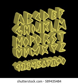 Graphic Font for your design. Hand drawn calligraphy lettering alphabet. Stylish letters with in figures. Vector illustration. 3d effect