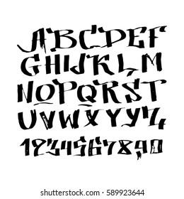 Graphic Font for your design. Hand drawn calligraphy lettering alphabet. Stylish letters with in figures. Vector illustration.