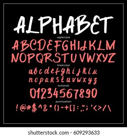 Fonte gráfica para o seu design. Alfabeto caligráfico desenhado à mão. Letras elegantes com em figuras. Ilustração vetorial.