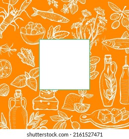 Graphic food card with frame, mediterranean traditional food - olive oil, vegetables, cheese, herbs and seafood. Empty space for text