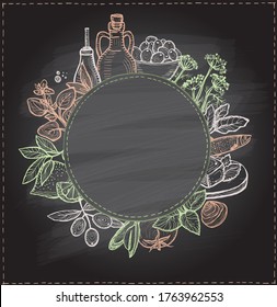 Graphic food frame against chalkboard with mediterranean traditional food ingredients - olive oil, vegetables, cheese, herbs and seafood. Round empty space for text, vector illustration