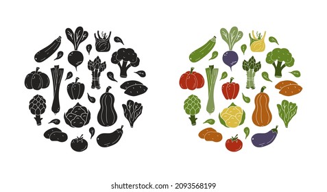 Graphic food print, poster with vegetables. Round illustration with carrot, beet, onion, corn, leaves, tomato, beans. Black and color silhouette elements on white background. Vector hand drawn clipart