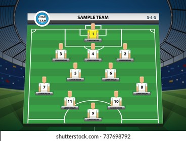 Graphic football team starting lineup squad on stadium background. soccer vector illustration.