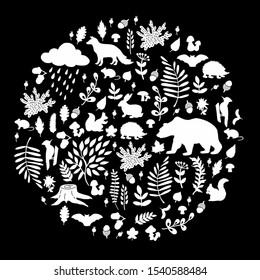 Graphic forest card. Vector illustration. Manual graphics. Forest plants, leaves, animals. Ideal for cards, invitations, and other design projects. 
