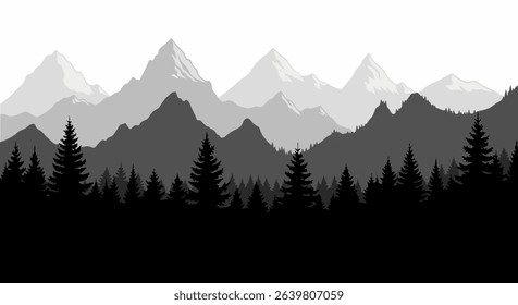 Graphic Forest Silhouette with Jagged Mountain Ranges in Atmospheric Perspective