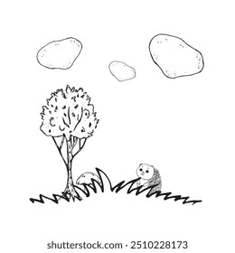  Tema de bosque gráfico. Dibuja a mano ilustraciones gráficas sobre un fondo blanco. Tema de bosque gráfico para el diseño