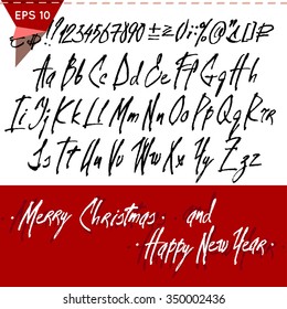 Graphic Fragmentary Calligraphy Alphabet Set. Cursive text. Letters and Digits