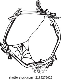 A graphic frame of branches with a spider and web for Halloween and mysticism. Vector image for invitations, icons, scrapbooking
