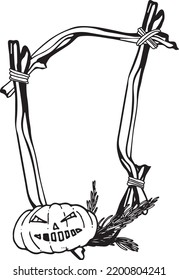 A graphic frame of cobwebs, pumpkins and branches for Halloween and mysticism. Vector image for invitations, icons, scrapbooking
