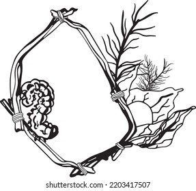 Graphic frame made of caterpillars, branches, physalis for Halloween, harvest, mysticism. Vector image for invitations, icons, scrapbooking