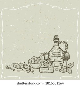 Graphic frame with mediterranean traditional food ingredients still life. Olives, bottle of wine, vegetables, cheese and herbs hand drawn graphic vector illustration, empty space for text