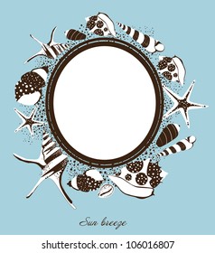 Graphic frame with seashells and sand with on light blue background