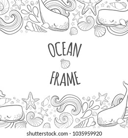 Graphic frame whales flying in the sky. Sea and ocean creatures. Coloring book page design for adults and kids hand draw illustration.