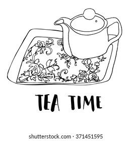 Graphic freehand drawn tea set, teapot and tea tray with floral ornament, black and white drawing accompanied with lettering phrase tea time, hand lettered phrase