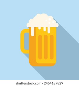 Gráfico de una taza de cerveza llena y espumosa con espuma rebosante, proyectada con una sombra ligera sobre un fondo azul sólido