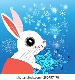 graphic funny rabbit winter on a blue background with snowflakes