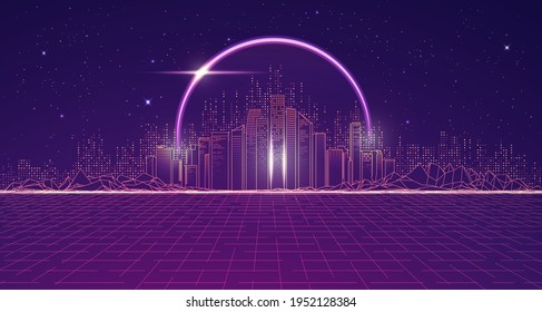 Graphic of futuristic city with outer space and purple planet as a background