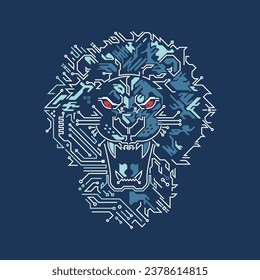 graphic of futuristic lion face presented with retro style colour match