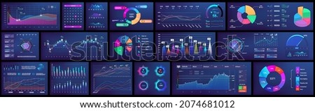 Graphic Futuristic UI, UX admin panel, dashboard with infographic, charts, graphic, pie charts, bars, diagrams, circle indicators. Flat Dashboard business template. Mockup panel. infographics. Vector	