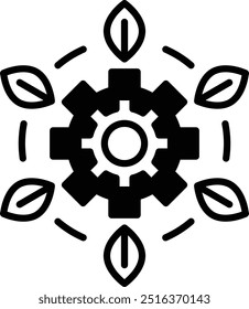 A graphic of a gear with black and white leaves surrounding it. Concept of growth and progress, as the gear represents the movement and advancement of technology. The green leaves symbolize nature