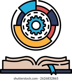 A graphic of a gear with a book on top of it. The book is open and the gear is in the center of the image