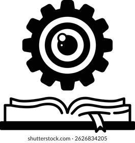 A graphic of a gear with a eye in the middle