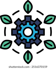 A graphic of a gear with green leaves surrounding it. Concept of growth and progress, as the gear represents the movement and advancement of technology. The green leaves symbolize nature