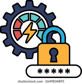 A graphic of a gear with a lock on it. The lock is yellow and the gear is blue