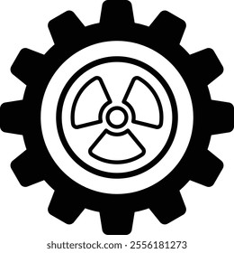 A graphic of a gear with a radioactive symbol in the middle